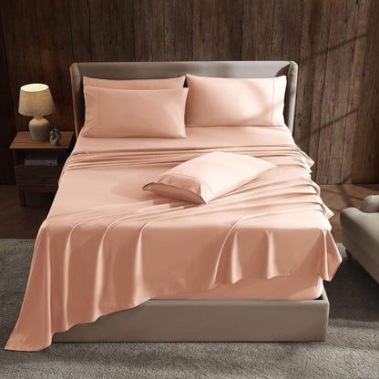 6Pc King Size Bed Linen Set - Extra Deep Pocket, Microfiber, Peach - Includes 4 Pillowcases, 1 Fitted, 1 Flat Sheet