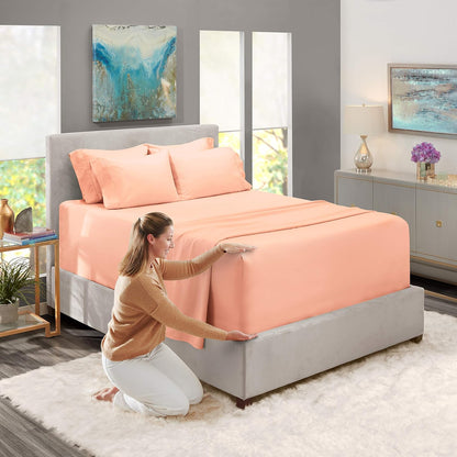 6Pc King Size Bed Linen Set - Extra Deep Pocket, Microfiber, Peach - Includes 4 Pillowcases, 1 Fitted, 1 Flat Sheet