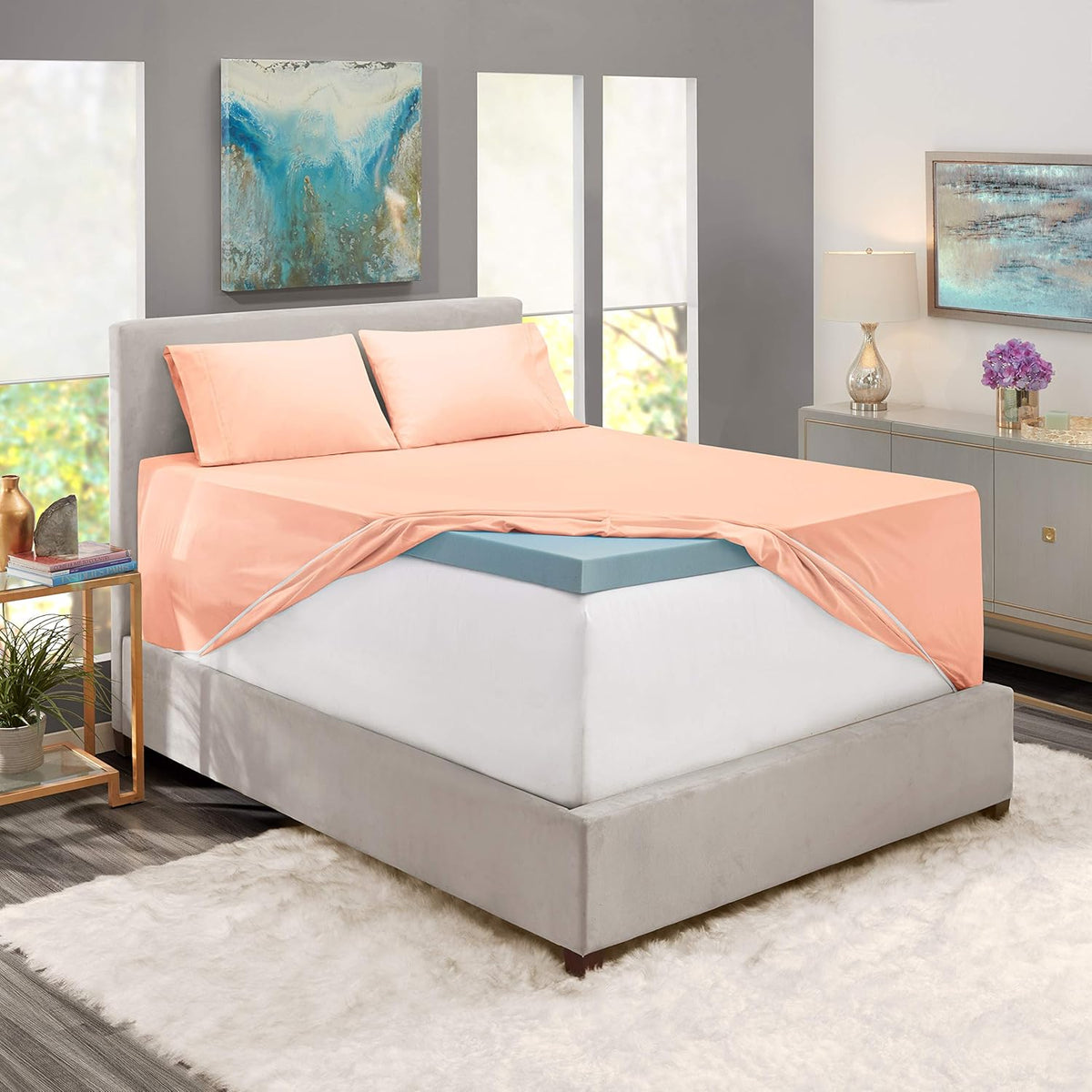 6Pc King Size Bed Linen Set - Extra Deep Pocket, Microfiber, Peach - Includes 4 Pillowcases, 1 Fitted, 1 Flat Sheet