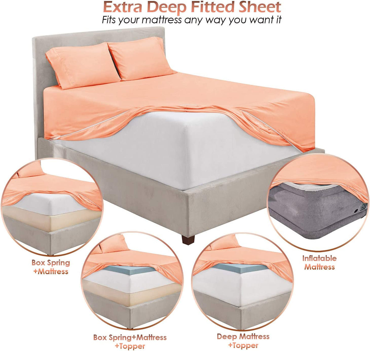 6Pc King Size Bed Linen Set - Extra Deep Pocket, Microfiber, Peach - Includes 4 Pillowcases, 1 Fitted, 1 Flat Sheet