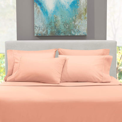 6Pc King Size Bed Linen Set - Extra Deep Pocket, Microfiber, Peach - Includes 4 Pillowcases, 1 Fitted, 1 Flat Sheet