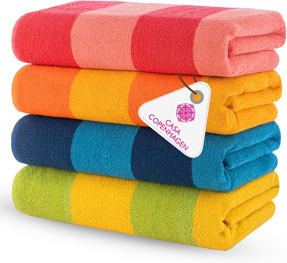 Malibu Beach Towels Designed in Denmark Rough and Tough, Quick Dry, for Pool, Bath & Shower 30x60 inches 4 Pieces Cotton Beach Bath Towels Set - Orange, Blue, Pink, Green