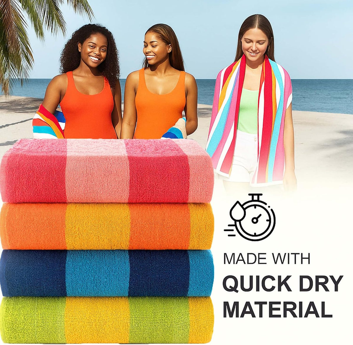Malibu Beach Towels Designed in Denmark Rough and Tough, Quick Dry, for Pool, Bath & Shower 30x60 inches 4 Pieces Cotton Beach Bath Towels Set - Orange, Blue, Pink, Green