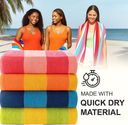 Malibu Beach Towels Designed in Denmark Rough and Tough, Quick Dry, for Pool, Bath & Shower 30x60 inches 4 Pieces Cotton Beach Bath Towels Set - Orange, Blue, Pink, Green