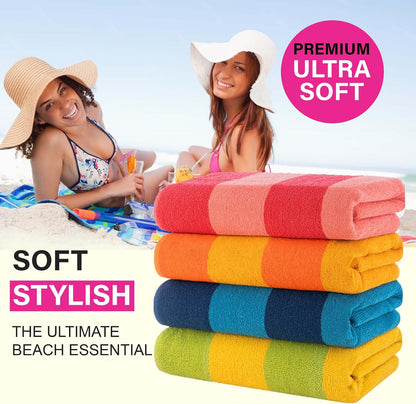 Malibu Beach Towels Designed in Denmark Rough and Tough, Quick Dry, for Pool, Bath & Shower 30x60 inches 4 Pieces Cotton Beach Bath Towels Set - Orange, Blue, Pink, Green