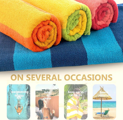 Malibu Beach Towels Designed in Denmark Rough and Tough, Quick Dry, for Pool, Bath & Shower 30x60 inches 4 Pieces Cotton Beach Bath Towels Set - Orange, Blue, Pink, Green