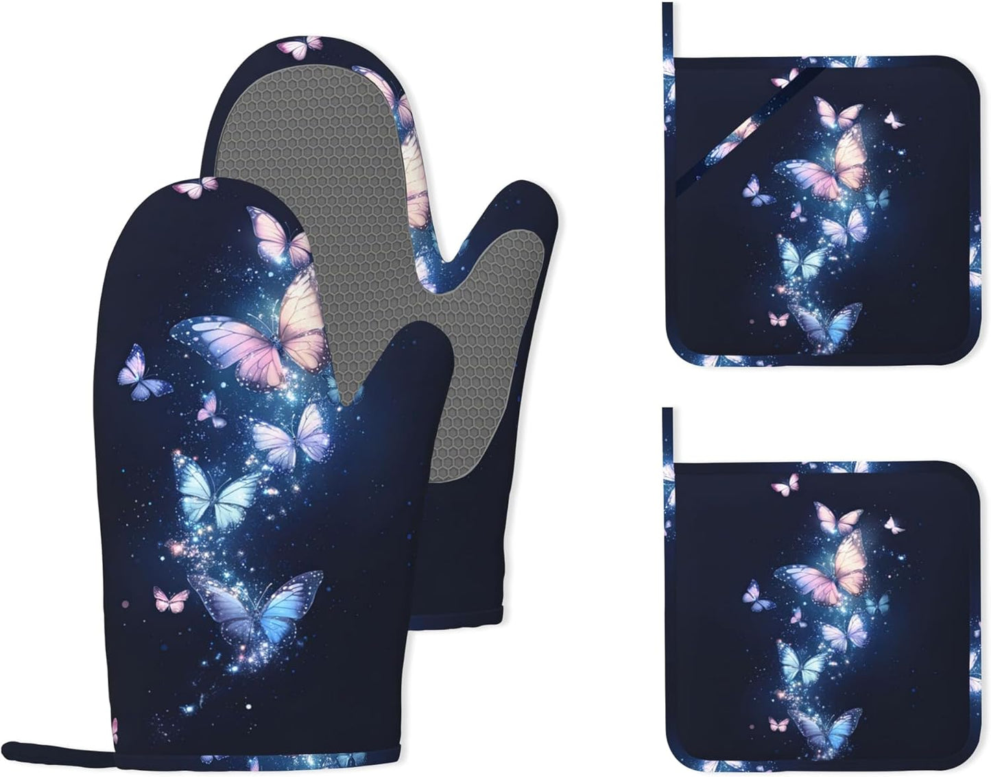 Glowing Butterfly Heat-Resistant Silicone Oven Mitts and Pot Holders,Blue Pink Long Oven Gloves with Non-Slip Grip for Cooking, Baking, Grilling,BBQ