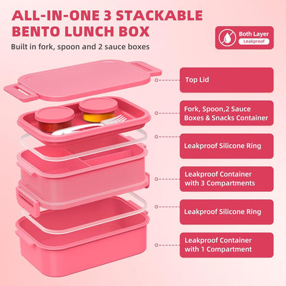 Adults Lunchbox Bento Box with Lunch Bag- 74 OZ All-in-One Stackable Lunch Box for Adults Kids Women Men Leakproof Bento Large Lunch Box Containers with Fork Spoon Sauce Box for Work School (Pink)