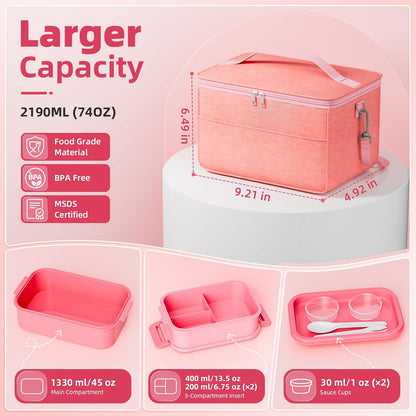 Adults Lunchbox Bento Box with Lunch Bag- 74 OZ All-in-One Stackable Lunch Box for Adults Kids Women Men Leakproof Bento Large Lunch Box Containers with Fork Spoon Sauce Box for Work School (Pink)