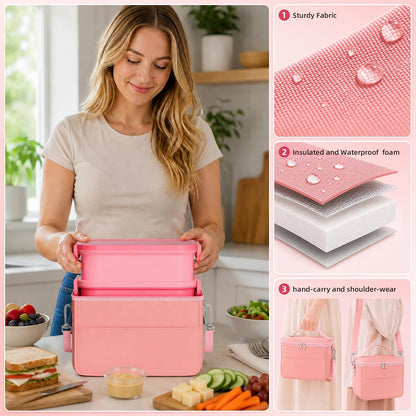 Adults Lunchbox Bento Box with Lunch Bag- 74 OZ All-in-One Stackable Lunch Box for Adults Kids Women Men Leakproof Bento Large Lunch Box Containers with Fork Spoon Sauce Box for Work School (Pink)