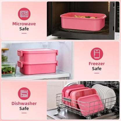 Adults Lunchbox Bento Box with Lunch Bag- 74 OZ All-in-One Stackable Lunch Box for Adults Kids Women Men Leakproof Bento Large Lunch Box Containers with Fork Spoon Sauce Box for Work School (Pink)