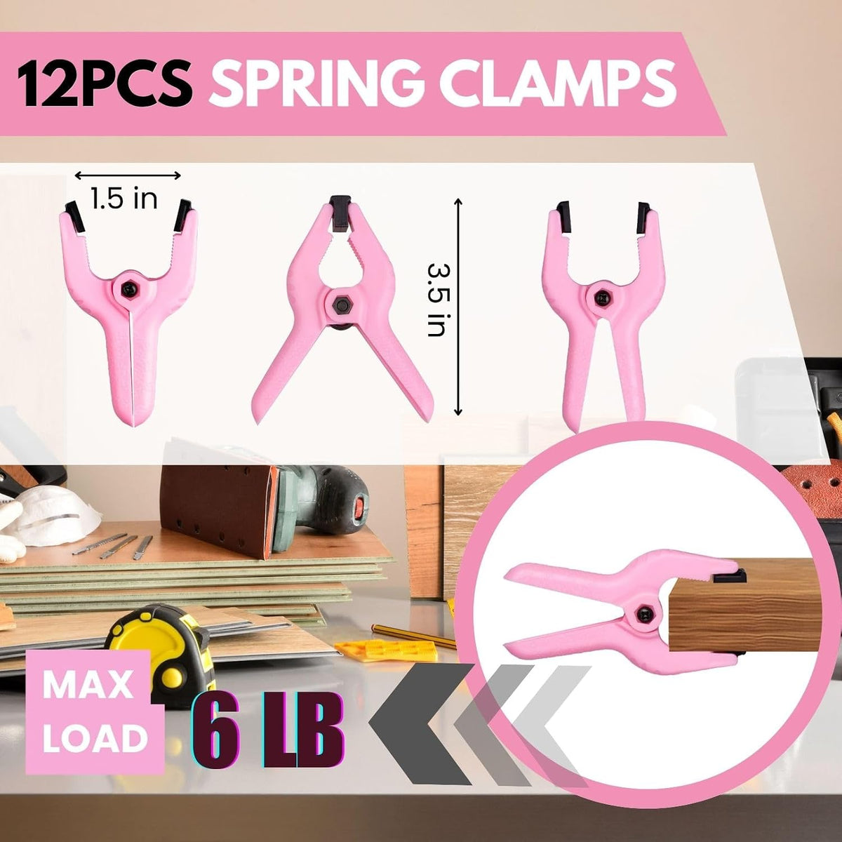 12 Pack 3.5 inch Plastic Spring Clamps, Pink Heavy Duty Spring Clips Clamps for Crafts, Backdrop Stand, Woodworking, Photography Studios, Home Improvement