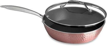 Rose Gold Hammered Nonstick Frying Pan with Lid, 8 Inch – Diamond Granite Ceramic Coating, PTFE PFOA PFOS Free, Induction Compatible, Lightweight Egg & Omelet Pan