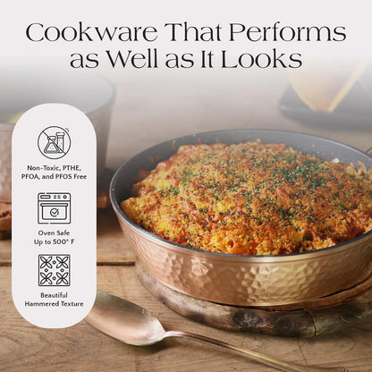 Rose Gold Hammered Nonstick Frying Pan with Lid, 8 Inch – Diamond Granite Ceramic Coating, PTFE PFOA PFOS Free, Induction Compatible, Lightweight Egg & Omelet Pan
