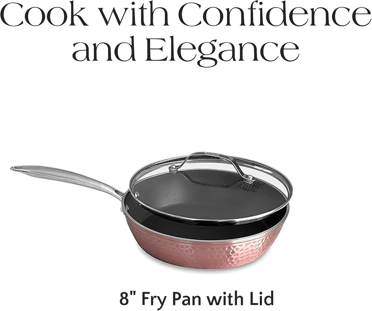 Rose Gold Hammered Nonstick Frying Pan with Lid, 8 Inch – Diamond Granite Ceramic Coating, PTFE PFOA PFOS Free, Induction Compatible, Lightweight Egg & Omelet Pan