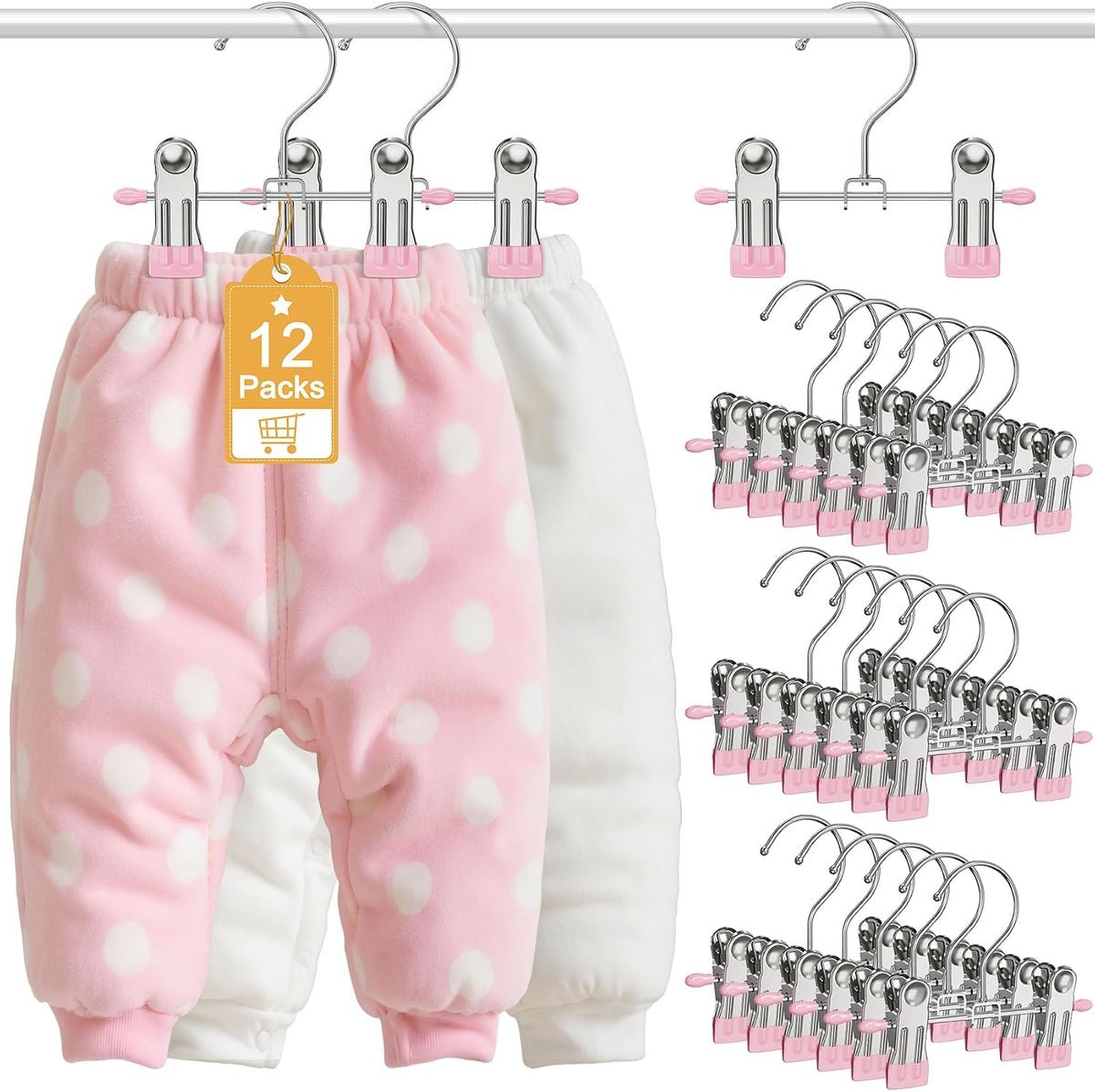 12 Pack Baby Hangers with Clips, 360°Rotatable Toddler Kids Pants Hangers