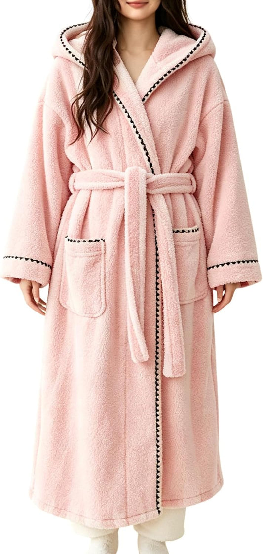 Womens Striped Fluffy Robe Long Hooded Plush Warm Bathrobes