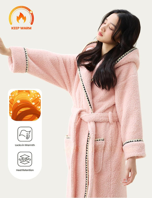 Womens Striped Fluffy Robe Long Hooded Plush Warm Bathrobes