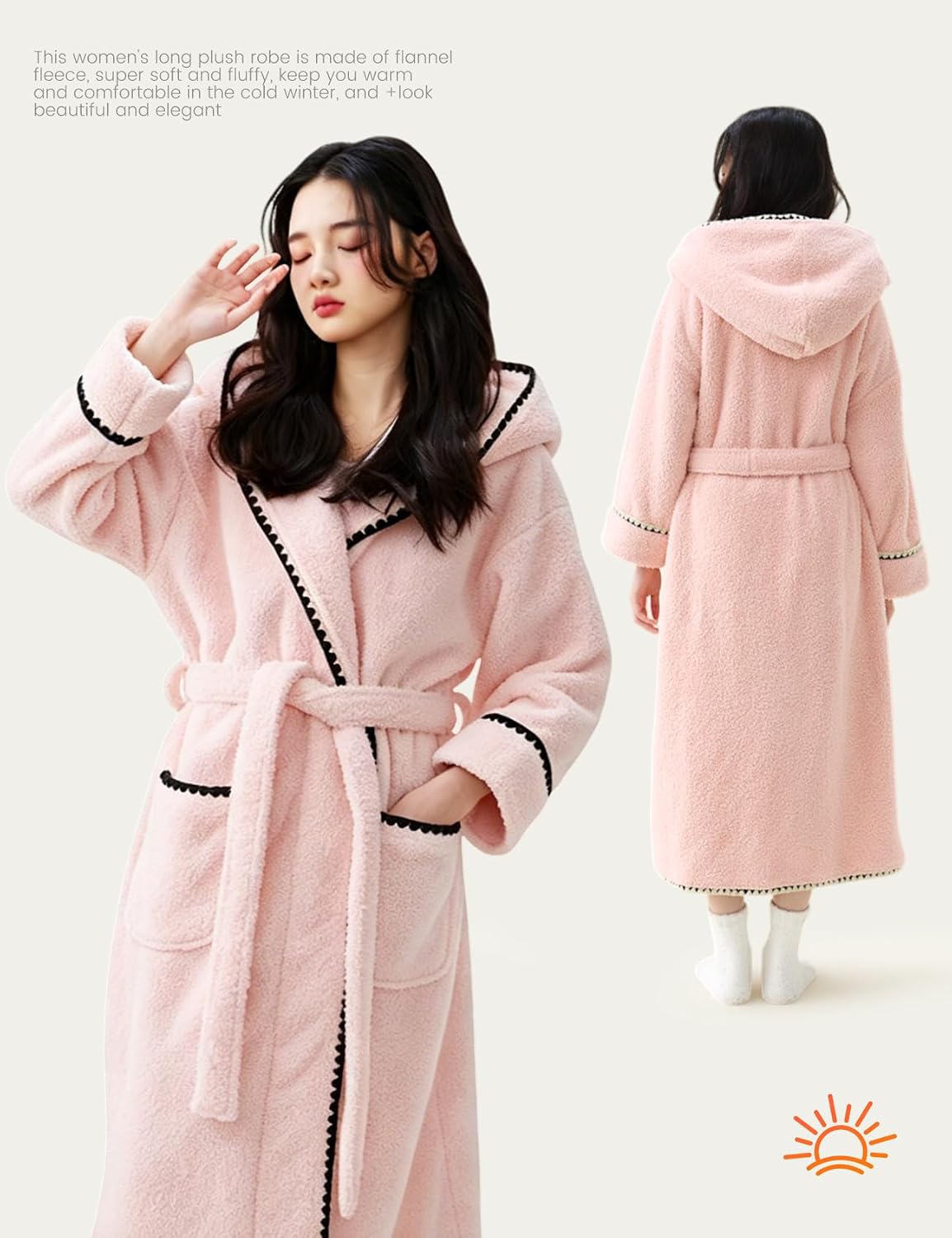 Womens Striped Fluffy Robe Long Hooded Plush Warm Bathrobes