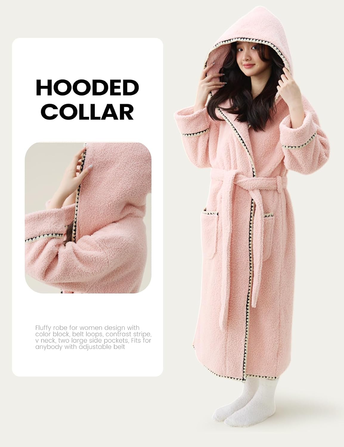 Womens Striped Fluffy Robe Long Hooded Plush Warm Bathrobes