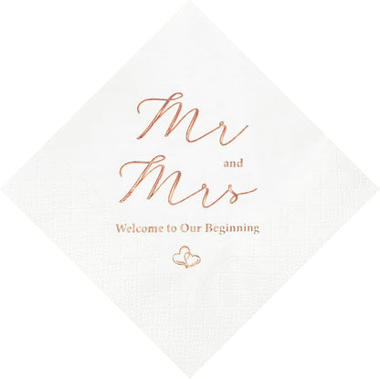3-Ply Rose Gold Foil Mr and Mrs Wedding Cocktail Napkins 100 Counts for Wedding Party Reception Dessert Cake Table Decorations Welcome to Our Beginning Disposable Napkins