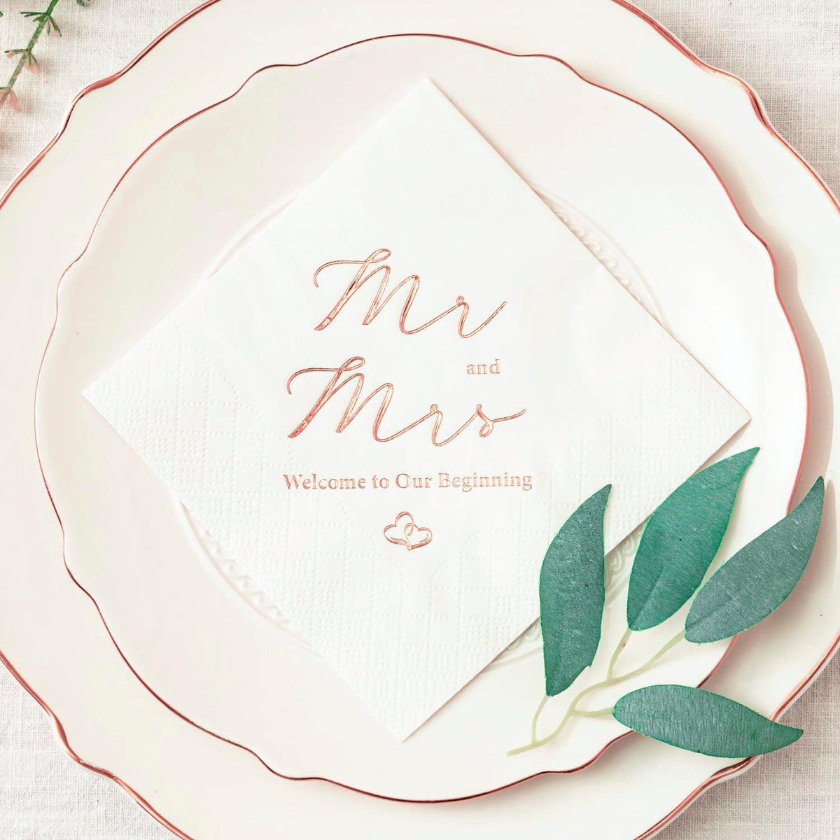 3-Ply Rose Gold Foil Mr and Mrs Wedding Cocktail Napkins 100 Counts for Wedding Party Reception Dessert Cake Table Decorations Welcome to Our Beginning Disposable Napkins