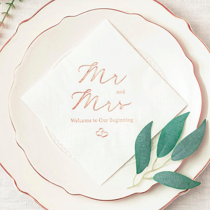 3-Ply Rose Gold Foil Mr and Mrs Wedding Cocktail Napkins 100 Counts for Wedding Party Reception Dessert Cake Table Decorations Welcome to Our Beginning Disposable Napkins