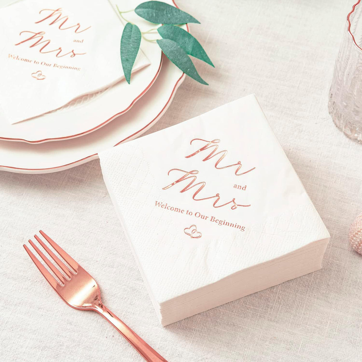 3-Ply Rose Gold Foil Mr and Mrs Wedding Cocktail Napkins 100 Counts for Wedding Party Reception Dessert Cake Table Decorations Welcome to Our Beginning Disposable Napkins