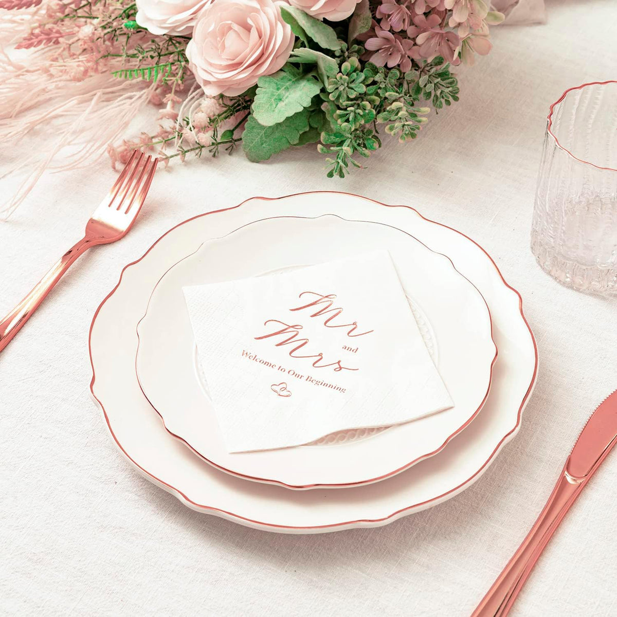 3-Ply Rose Gold Foil Mr and Mrs Wedding Cocktail Napkins 100 Counts for Wedding Party Reception Dessert Cake Table Decorations Welcome to Our Beginning Disposable Napkins