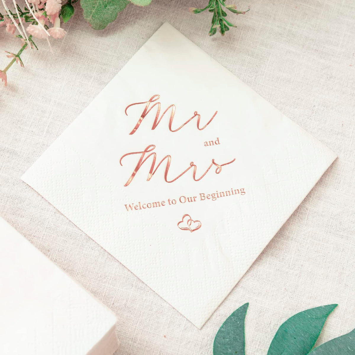 3-Ply Rose Gold Foil Mr and Mrs Wedding Cocktail Napkins 100 Counts for Wedding Party Reception Dessert Cake Table Decorations Welcome to Our Beginning Disposable Napkins