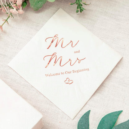 3-Ply Rose Gold Foil Mr and Mrs Wedding Cocktail Napkins 100 Counts for Wedding Party Reception Dessert Cake Table Decorations Welcome to Our Beginning Disposable Napkins