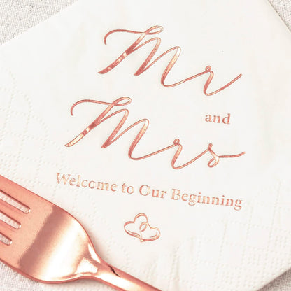 3-Ply Rose Gold Foil Mr and Mrs Wedding Cocktail Napkins 100 Counts for Wedding Party Reception Dessert Cake Table Decorations Welcome to Our Beginning Disposable Napkins