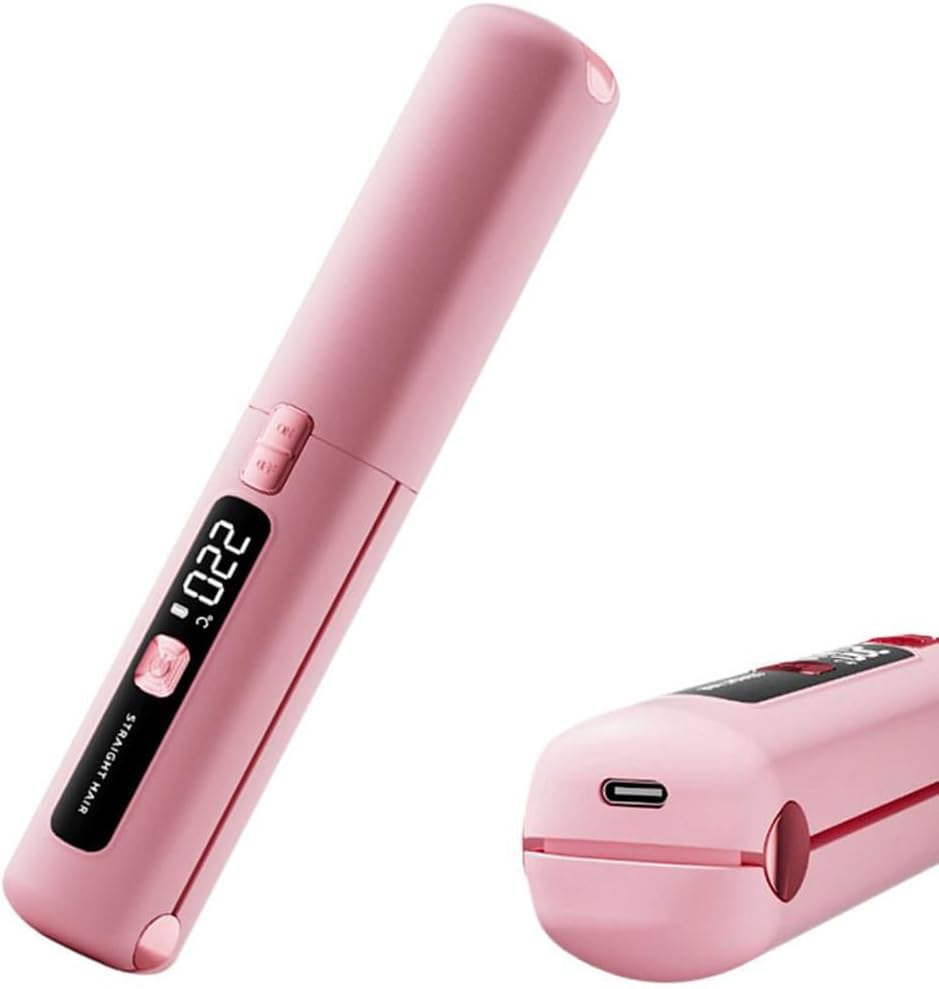 Portable 2 in 1 Travel Straightener and Curler, Cordless Hair Straightener 4500mAh, Rechargeable LCD Flat Iron, Mini Ceramic Curling Iron,USB Rechargeable Hot Tools (Pink)