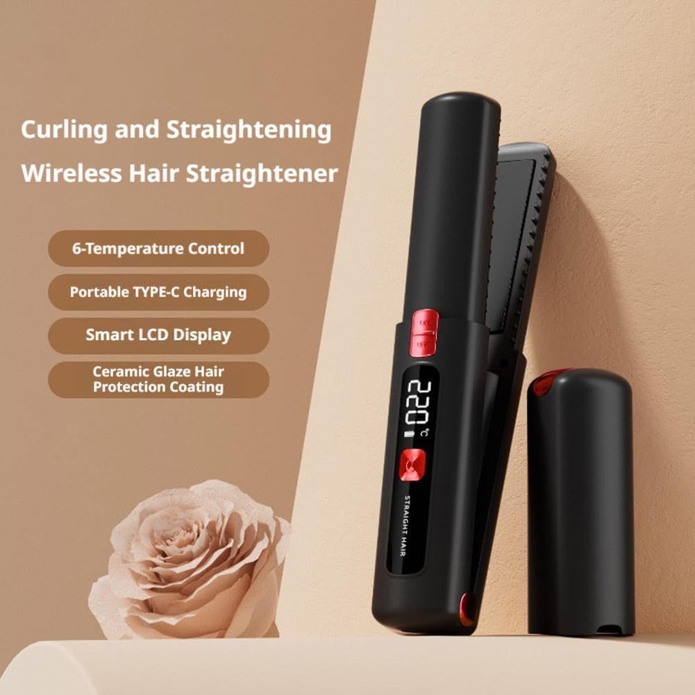 Portable 2 in 1 Travel Straightener and Curler, Cordless Hair Straightener 4500mAh, Rechargeable LCD Flat Iron, Mini Ceramic Curling Iron,USB Rechargeable Hot Tools (Pink)