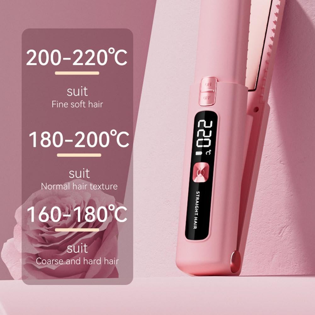 Portable 2 in 1 Travel Straightener and Curler, Cordless Hair Straightener 4500mAh, Rechargeable LCD Flat Iron, Mini Ceramic Curling Iron,USB Rechargeable Hot Tools (Pink)