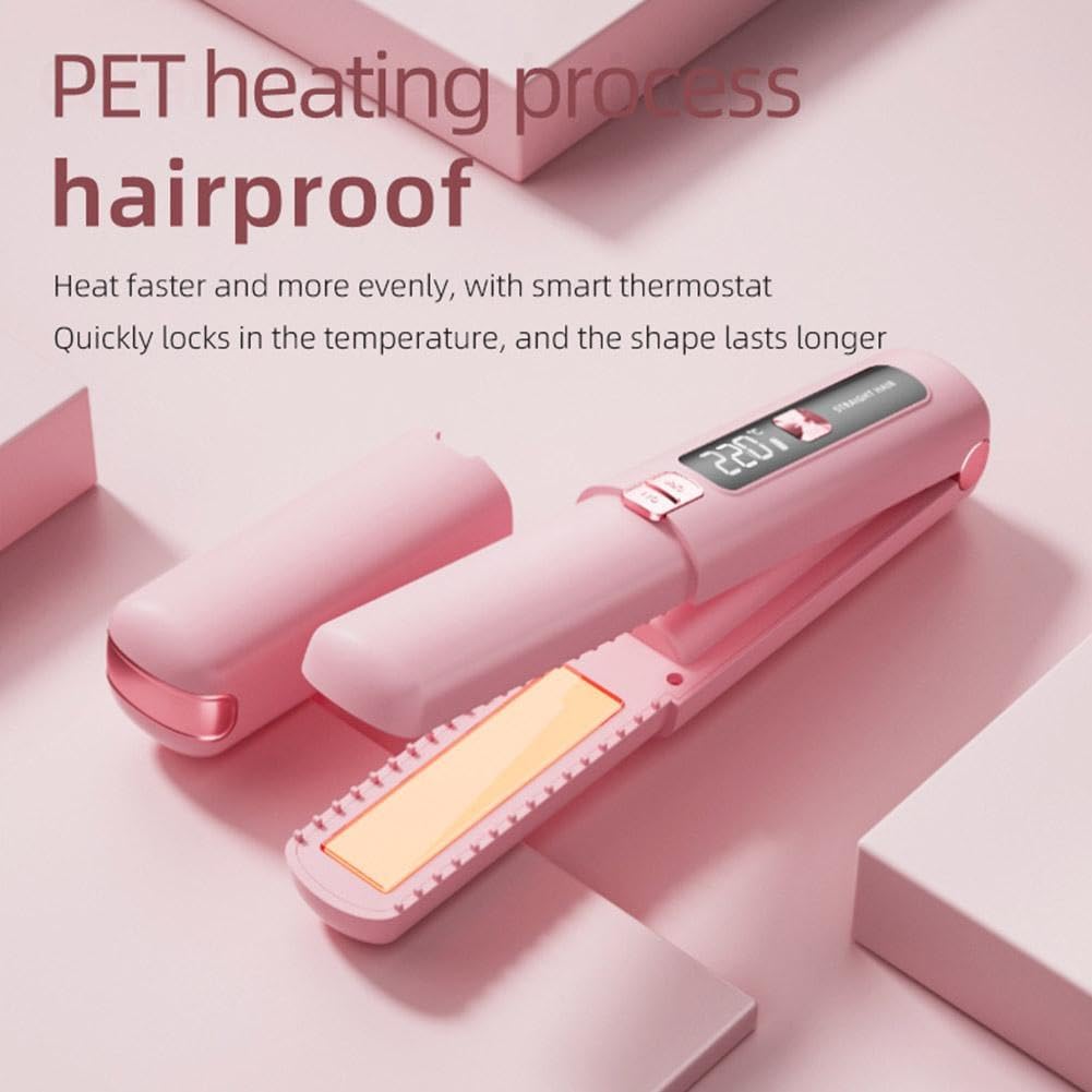 Portable 2 in 1 Travel Straightener and Curler, Cordless Hair Straightener 4500mAh, Rechargeable LCD Flat Iron, Mini Ceramic Curling Iron,USB Rechargeable Hot Tools (Pink)