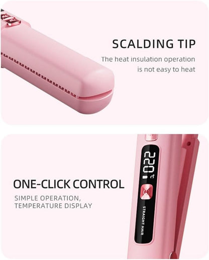 Portable 2 in 1 Travel Straightener and Curler, Cordless Hair Straightener 4500mAh, Rechargeable LCD Flat Iron, Mini Ceramic Curling Iron,USB Rechargeable Hot Tools (Pink)