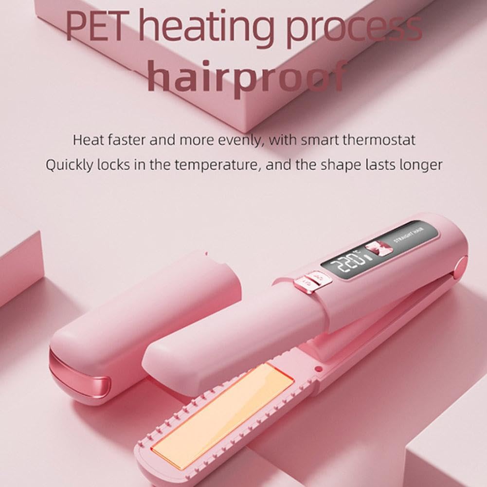 Portable 2 in 1 Travel Straightener and Curler, Cordless Hair Straightener 4500mAh, Rechargeable LCD Flat Iron, Mini Ceramic Curling Iron,USB Rechargeable Hot Tools (Pink)