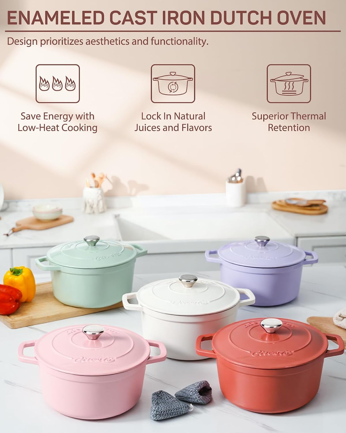 Enameled Cast Iron Dutch Oven Pot, 4.4 Quart, Light Pink