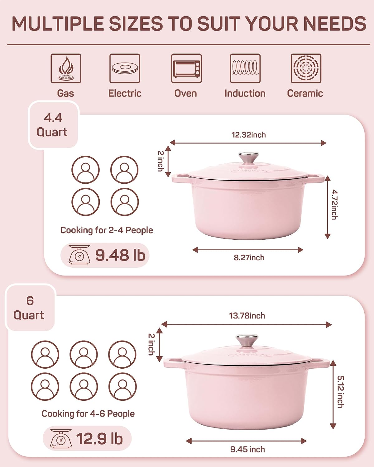 Enameled Cast Iron Dutch Oven Pot, 4.4 Quart, Light Pink