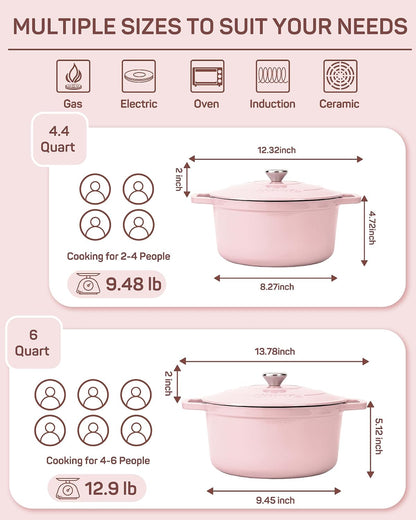 Enameled Cast Iron Dutch Oven Pot, 4.4 Quart, Light Pink