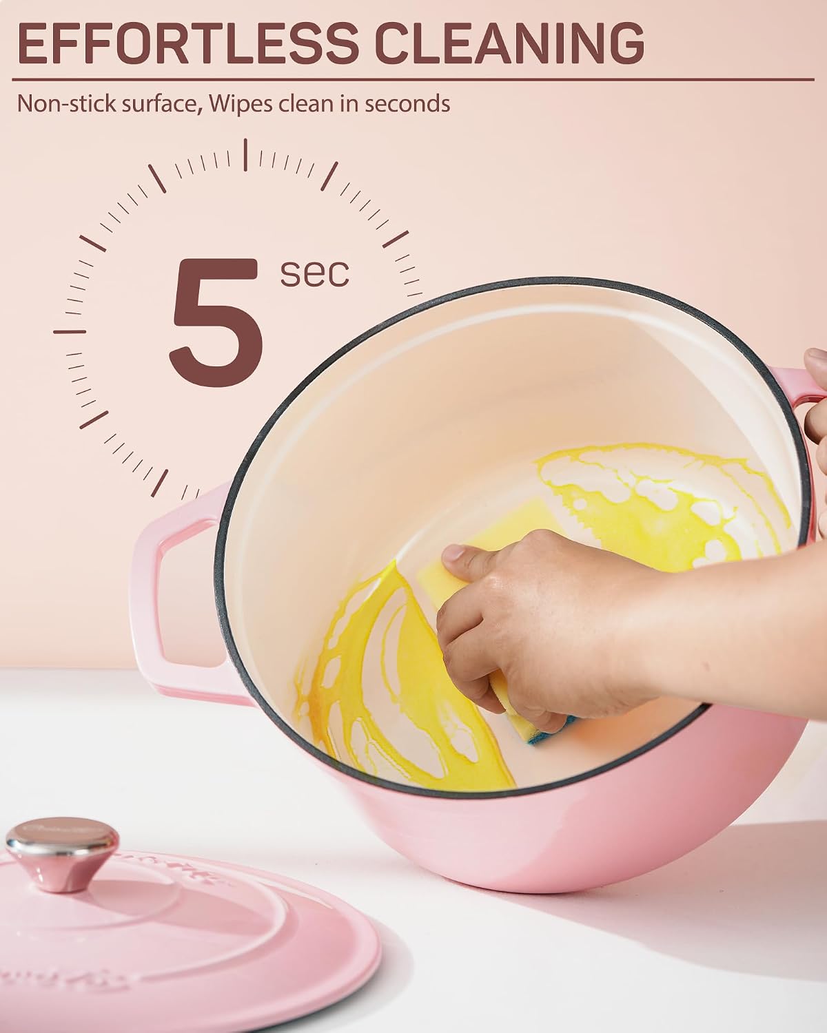 Enameled Cast Iron Dutch Oven Pot, 4.4 Quart, Light Pink