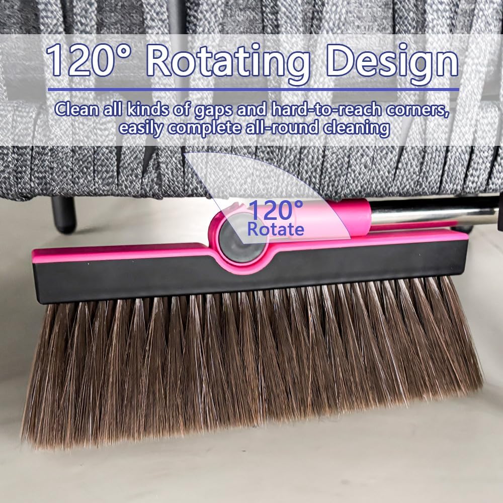 Triangular Indoor Broom and Dustpan Comb Set, 180° Rotating, Soft Bristle Long Handle Upright Sweeping Angled Broom with Self-Cleaning Teeth for Home, Kitchen, Office, Wood Floor (Black Pink)