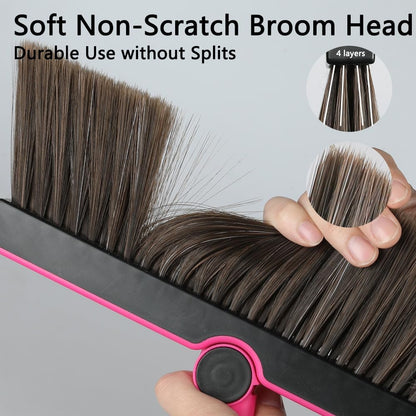 Triangular Indoor Broom and Dustpan Comb Set, 180° Rotating, Soft Bristle Long Handle Upright Sweeping Angled Broom with Self-Cleaning Teeth for Home, Kitchen, Office, Wood Floor (Black Pink)