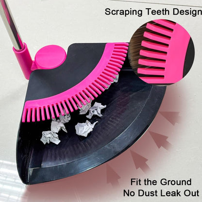 Triangular Indoor Broom and Dustpan Comb Set, 180° Rotating, Soft Bristle Long Handle Upright Sweeping Angled Broom with Self-Cleaning Teeth for Home, Kitchen, Office, Wood Floor (Black Pink)