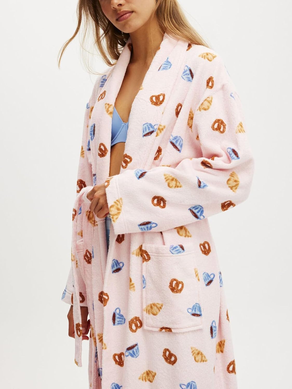 Womens Shawl Robe Plush Striped Fluffy Bathrobe Long Sleeve Knee Length Lounge Robes Loungewear with Pocket