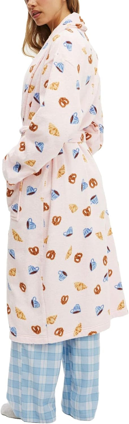 Womens Shawl Robe Plush Striped Fluffy Bathrobe Long Sleeve Knee Length Lounge Robes Loungewear with Pocket