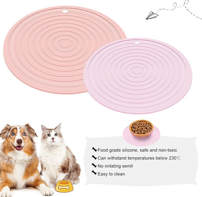 2 Pieces Silicone Pet Food Mat Pet Feeding Mat for Dog and Cat Food Bowl Placemat Preventing Food and Water Overflow Suitable for Medium and Small Pet, 9.5 x 9.5 Inch and 7.1 x 7.1 Inch (Pink)
