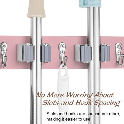 Pink Mop Broom Holder Wall Mount with 4 Slots & 4 Hooks - Wood Broom Mop Hanger for Pantry Closet Laundry Room Kitchen Organization - for Pink Kitchen Decor and Accessories