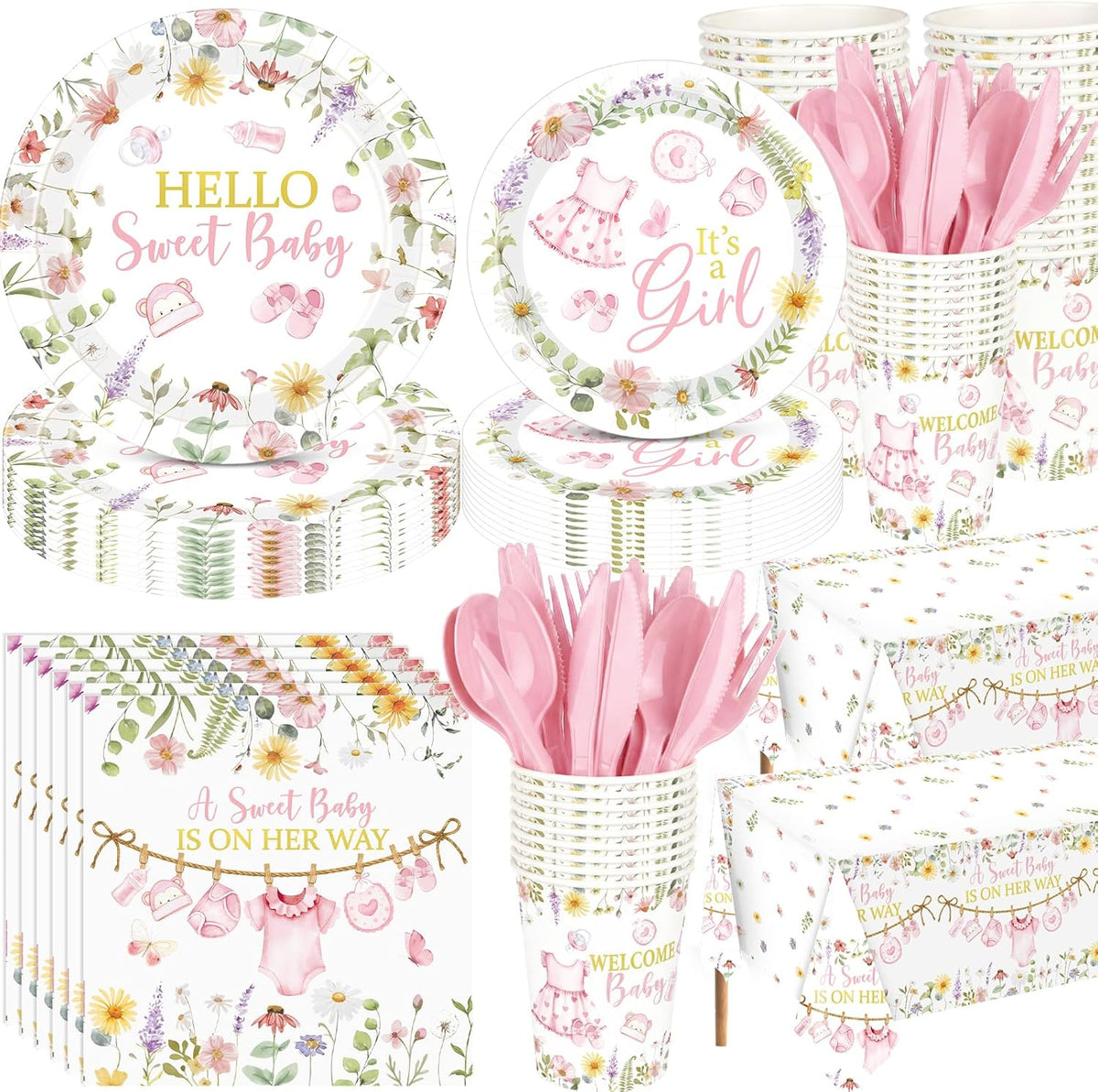 194 Pcs Floral Baby Shower Girl Decorations for 24, Pink Baby Shower Paper Plates and Napkins Cups Tablecloth Cutlery for Spring Babys in Bloom It's a Girl Gender Reveal Party Supplies